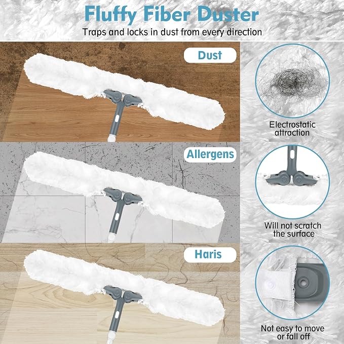 Microfiber Ceiling Fan Cleaner Duster with Extension Pole 59" | 360° Adjustable Head/ Washable/27.5 inch Wide Long Duster for Cleaning Ceiling Fan/High Ceiling/Wall/Blinds/Furniture/White