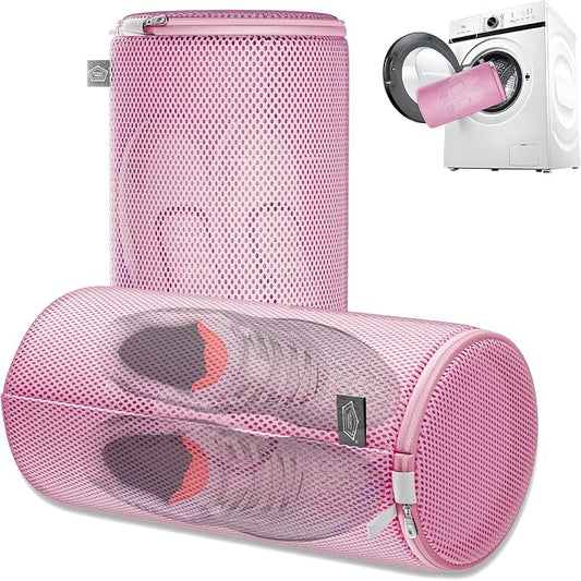 Shoe Washing Machine Bag, Laundry Bag for Sneaker, Pink, 8x15, 2Pcs | Shoe Washing Bag for Footwear, Trainers, Tennis, Slippers, Building Blocks, Sandwish Mesh, Travel, Divided, Prevent Tangling