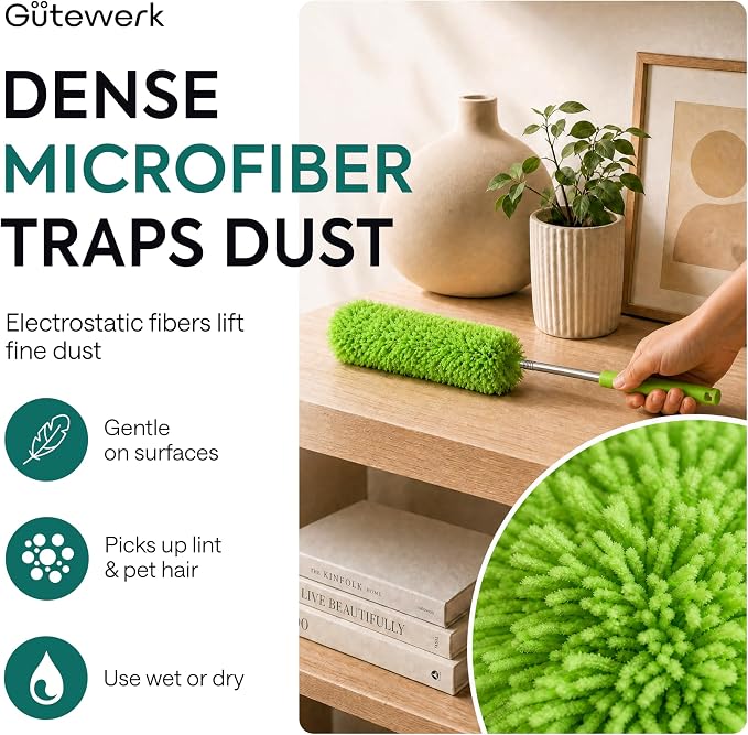 GÜTEWERK Extendable Microfiber Duster, 55 Inch - Feather Dusters for Cleaning Ceiling Fans, Blinds, Baseboards & High Ceilings - Washable, Electrostatic, 360° Bendable Head, Stainless Steel Pole