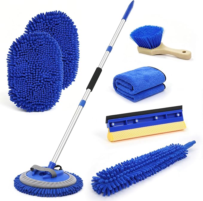 Ordenado 62" Car Wash Brush With Long Handle - 6Pcs Car Wash Kit with Chenille Microfiber Mop Mitt, Windshield Squeegee, Duster, Towel & Tire Brush, Scratch-Free Car Exterior Cleaning Kit for RV Truck
