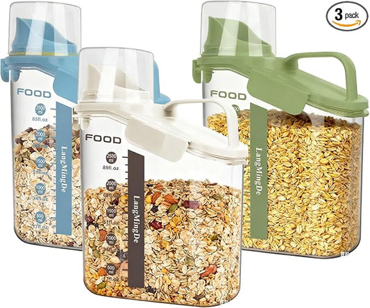 LANGMINGDE 3 Pieces Cereal Containers Storage, 51fl.oz/1.5L Compact Crystal Clear Dry Food Storage Containers with Pouring Spout Measuring Cup for Rice Nuts Beans Pet Food Snacks Candies, 3PCS
