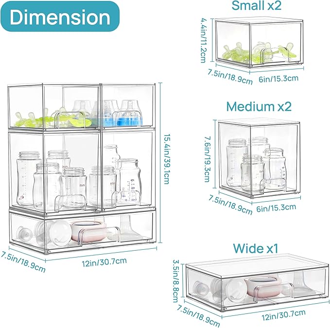 Vtopmart Stackable Storage Drawers Set of 5, Clear Plastic Organizer Bins for Baby Bottle, Beauty Supplies Storage, Ideal for Kichen Countertop, Vanity, Bathroom, Cabinet, Pantry Organization