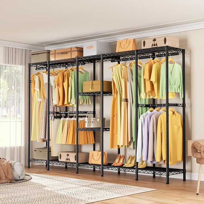 Golpart Heavy Duty Clothes Rack Metal Wardrobe with Adjustable Wire Shelves | Closet Organizers and Storage Clothing Rack Metal System Freestanding Hanging Clothes System Free Standing Garment Coat Racks