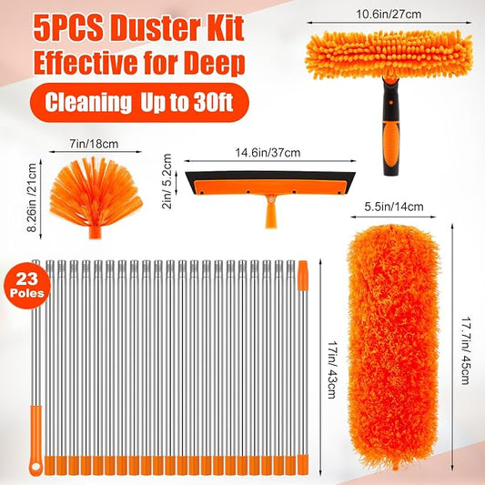 36 Feet High Reach Duster Kit with 2-30 ft Extension Pole High Ceiling Dusting and Window Cleaning Kit with Window Washer & Squeegee, Cobweb Duster, Washable Head for Ceiling Fan