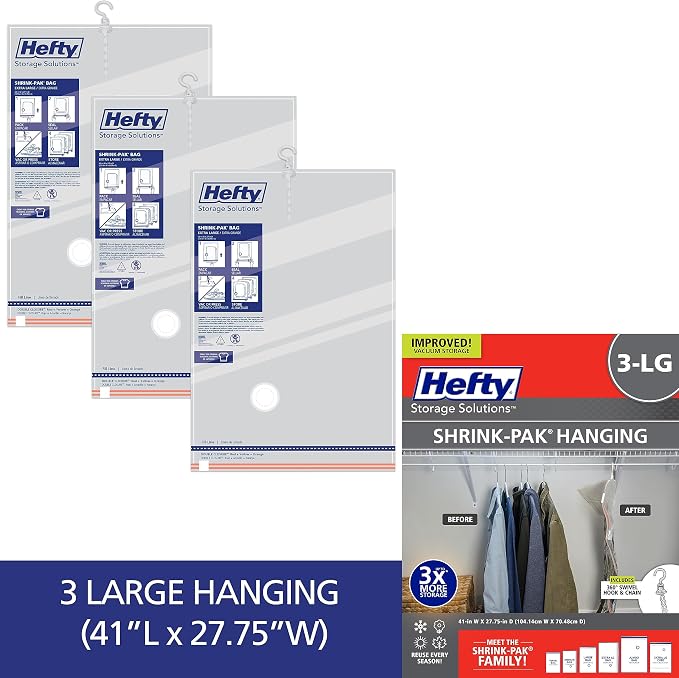 Hefty Shrink-Pak Vacuum Storage Bags - Space Saver for Under Bed Storage, Clothing and Comforters, 3X More Storage Space - 3 Large Hanging Bags