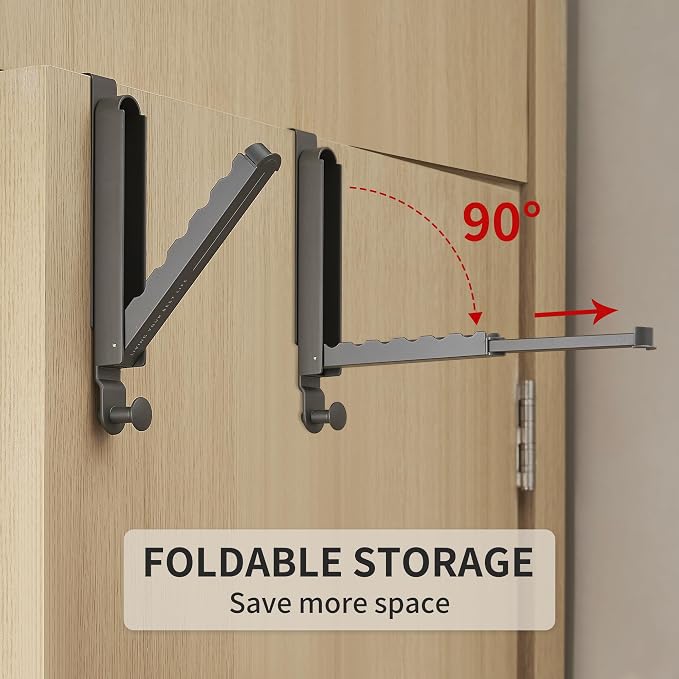 RFOUO Over The Door Hooks Hanger,Fit Door up to 1 3/4",Space Grey,2 Pack | Aluminum,Retractable Rod, Space-Saving, Foldable Over The Door Drying Rack,No drilling, For Laundry Bathroom Bedroom Travel