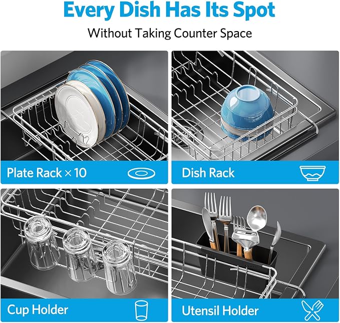 Delamu Over The Sink Dish Drying Rack for Small Kitchen | Expandable Stainless Steel in Sink Dish Drainer, Dish Rack for Kitchen Inside Sink with Utensil Holder, Rustproof, Small
