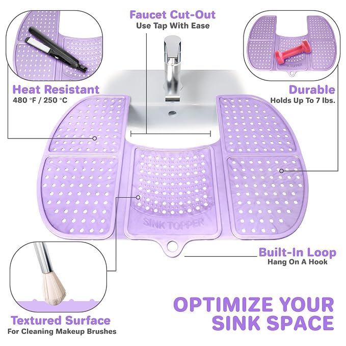 Sink Topper Bathroom Sink Cover for Counter Space, Large Lavender | Holds up to 7 lb on a steel frame; fits over basins 19-23 in; 480°F silicone; foldable makeup mat; countertop extender