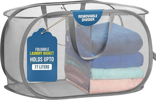 Handy Laundry Collapsible Laundry Basket, 2-Compartment Mesh Pop Up Hamper with Handles – Foldable, Space-Saving Dirty Clothes Organizer for Dorm, Travel, Laundry Room, Grey