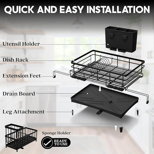 2 IN 1 Expandable Dish Drying Rack plus Sponge Organizer, Stainless Steel Drying Rack with Drainer Plate, Kitchen Countertop Organizer Space Saving Utensil Holder, Scratch Resistant and Rust-Proof