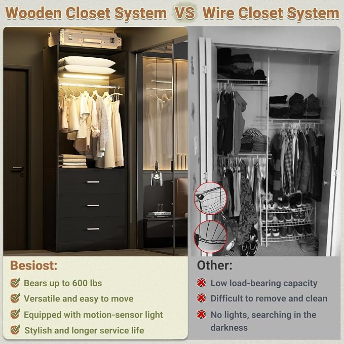 Besiost 8FT Closet System with 4 Motion Sensor LED Lights, 96" Closet Systems with 12 Drawers, Closet Organizer System with 4 Hanging Rods & 4 Shelves, Heavy Duty 96 Inch Walk-in Closet, Black