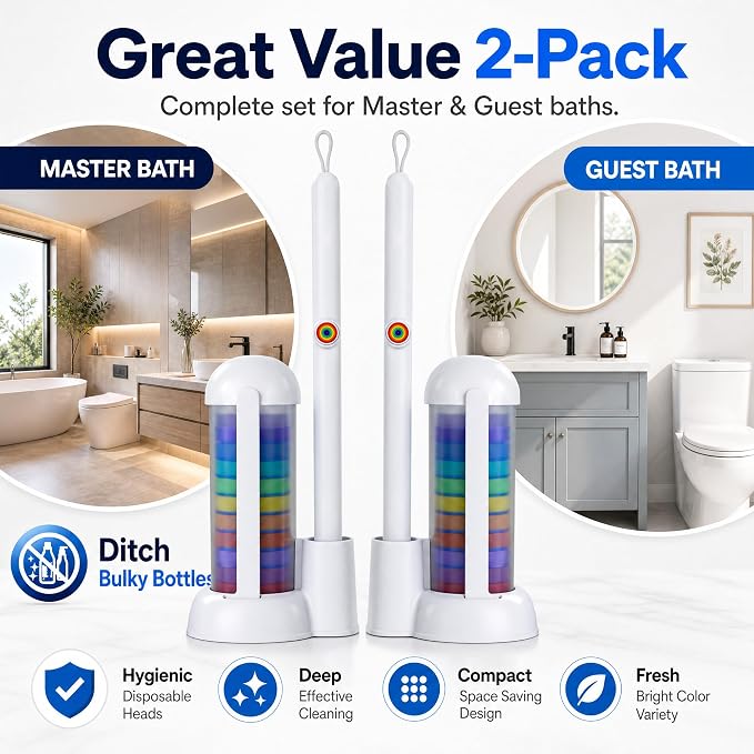 Disposable Toilet Brush and Holder Set - Hands-Free Eject Sponge Toilet Wand with Floor Standing Caddy, Secure-Lock Hangable Toilet Scrubber (2 Toilet Brush + 28 Refills)