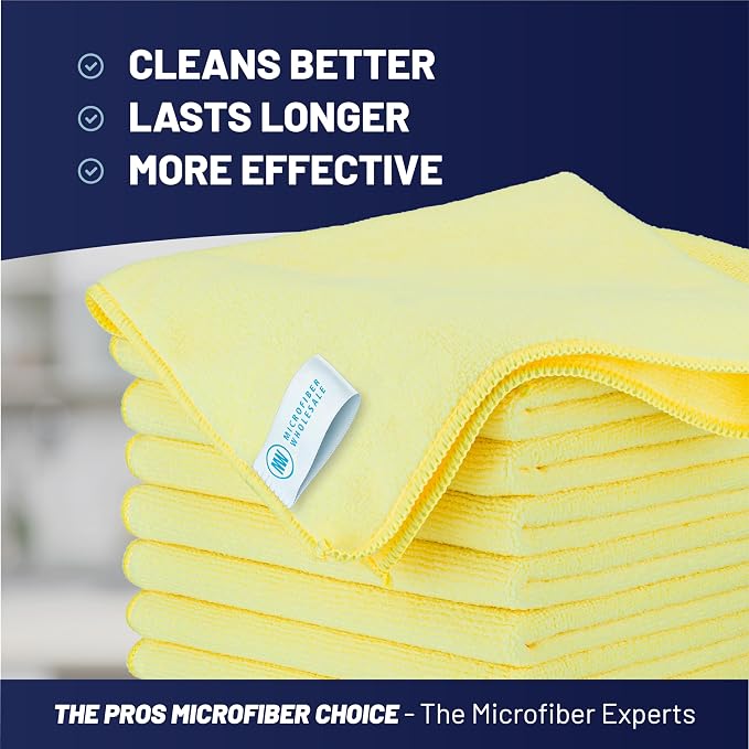 Microfiber Wholesale MW Pro 16x16 Commercial Cleaning Rags - Professional Janitorial Supplies for Dusting, Office & Heavy Duty Cleaning - Multi-Surface Dusters (Yellow, 12-Pack)