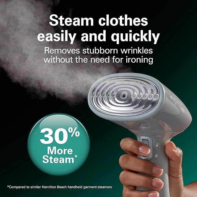 Hamilton Beach Handheld Travel Steamer for Clothes, Fabric and Drapes | Light and Handheld |Fast Heatup With 1200 Watts | 400ml Water Tank For 20 Minutes of Continuous Steam | Gray & Blue | 11557