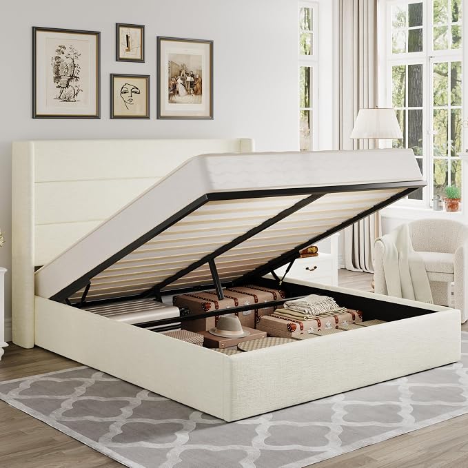 Allewie Queen Size Chenille Lift Up Hydraulic Storage Bed Frame Cream White | Chenille Fabric Upholstered, Modern Wingback Headboard, Hydraulic Support Storage, No Box Spring Needed