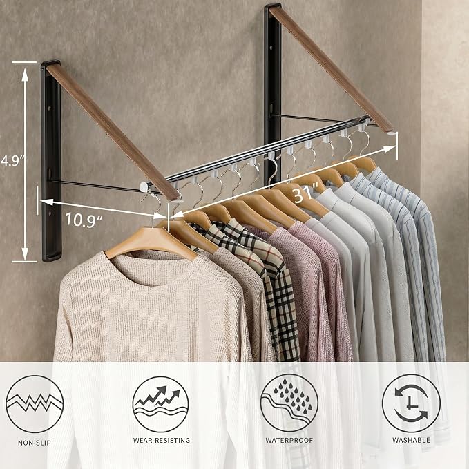 Dr.DJ Clothes Drying Rack with Rod, Wall-Mounted Retractable & Foldable Clothes Hanger for Laundry Room Organization and Storage, Metal Clothes Hanger Rack for Dorm, Closet, Balcony 2Rack, 1Rod Wood