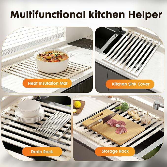 Foldable Over Sink Dish Drying Rack, Extra Wide & Thick Rust-Proof Aluminum Sink Cover for Counter Space, Collapsible Dish Drying Rack Fits Most Kitchen Sinks (White, 17.7“x13.6)