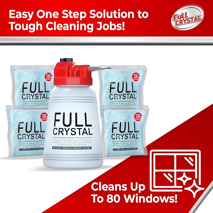 Full Crystal Window Cleaner, Bottle + 16oz Powder, Cleans Up to 80 Windows