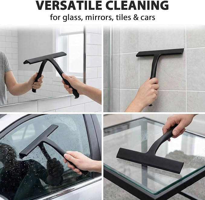 Shower Squeegee for Glass Doors, Hang Anywhere Silicone Shower Squeegee with Hook Design for Easy Hanging and Cleaning (Black)