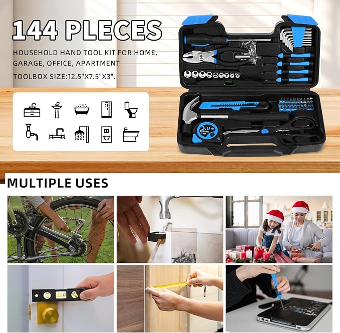 144-Piece Blue Tool Kit for Home, Household Hand Set with Plastic Toolbox | General basic repair tools for women & college students; all-purpose dorm set for home, apartment, office DIY daily repairs