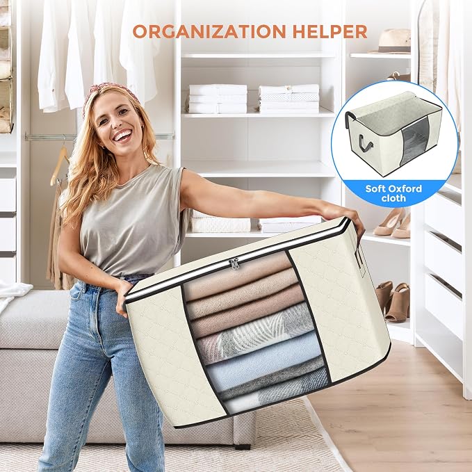 90L Large Storage Bags, 6 Pack Clothes Storage Bins Closet Organizers | Foldable Storage Containers, with Reinforced Handle, for Clothing, Blanket, Comforters, Bed Sheets, Pillows and Toys,Beige
