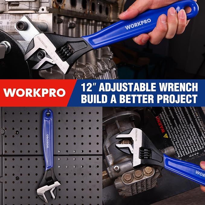 WORKPRO 12-Inch Adjustable Wrench, Wide Jaw Cr-V steel Wrench | Black Oxide Finish, Metric & SAE Scales,Ideal for Home Repairs, Garage, Workshop and DIY Applications