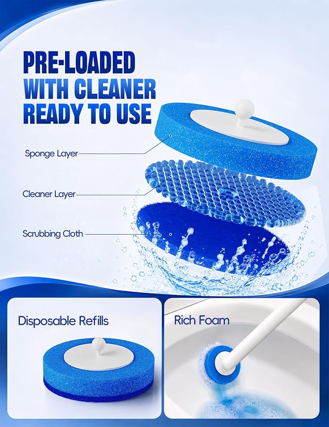 Toilet Wand Kit, Disposable Toilet Bowl Cleaner Brush with Blue Replacement Heads, Press-Button Wand and Self-Closing Freestanding Holder (42 Refills)