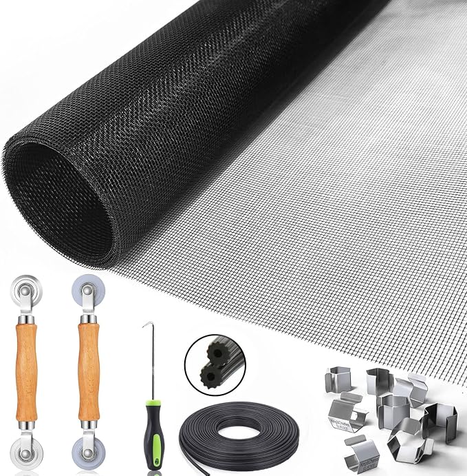 King&Charles Window Screen Replacement, 6in1 Window Screen Door Repair Kit | 48"x118" Black Screen Mesh, Steel&Nylon Bearing Roller, 0.14in x 50ft Spline, 8 Clips & Hook for Windows, Doors, Patio & RV