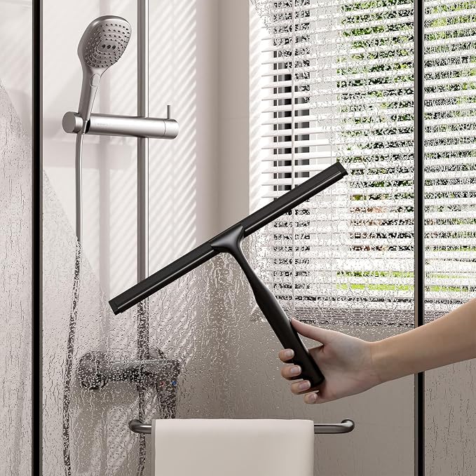 Stainless Steel Shower Squeegee for Glass Doors, Multi-Purpose Squeegee for Shower Glass, Bathroom and Car Windows, Squeegee with Adhesive Hook-10”, Black