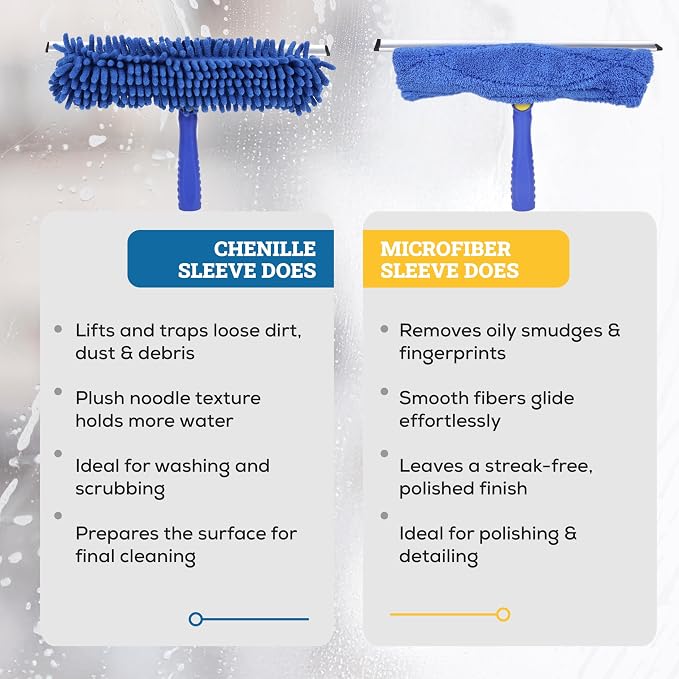 Kleen Handler 2-in-1 Window Squeegee with 60” Extendable Pole, Rotatable Glass Cleaner Tool for Commercial and Residential Use, 2 Reusable Sleeves and 14” Blade