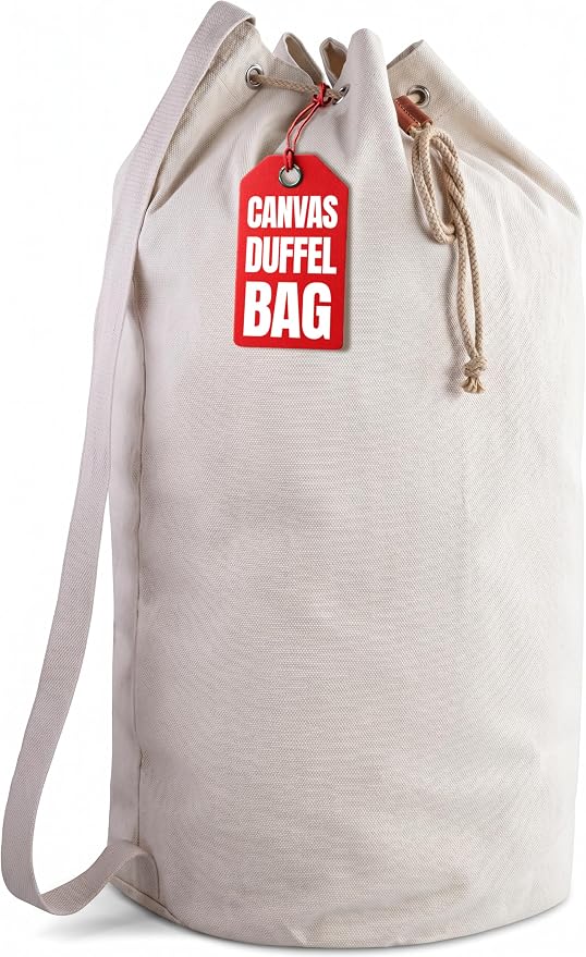 Handy Laundry Canvas Duffel Bag - Drawstring, Leather Closure, Shoulder Strap