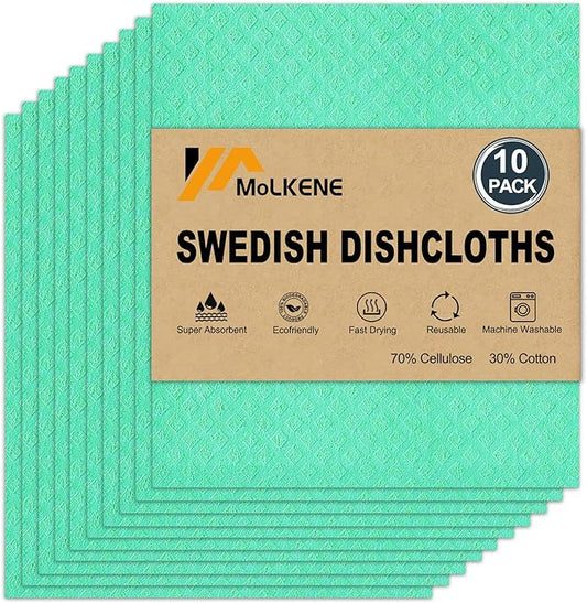 MoLKENE Swedish Dishcloths - 10 Pack Reusable Kitchen Dishcloths - Ultra Absorbent Dish Towels for Washing Dishes - Cellulose Sponge Cloth Cleaning Cloths - Green