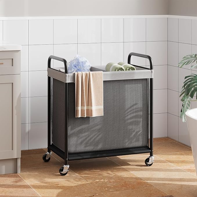 ELYKEN Laundry Hamper 2 Section, 100L Rolling Laundry Sorter with Wheels | Removable Washable Liner Bags, Sturdy Steel Frame and Metal Handle, Double Compartment Clothes Organizer for Laundry Sorting