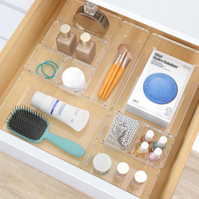StorMiracle 13 PCS Clear Plastic Drawer Organizers Set, 4 Size Desk Drawer Organizer Trays for Makeup, Jewelry, Kitchen Utensils, Gadgets and Office Accessories