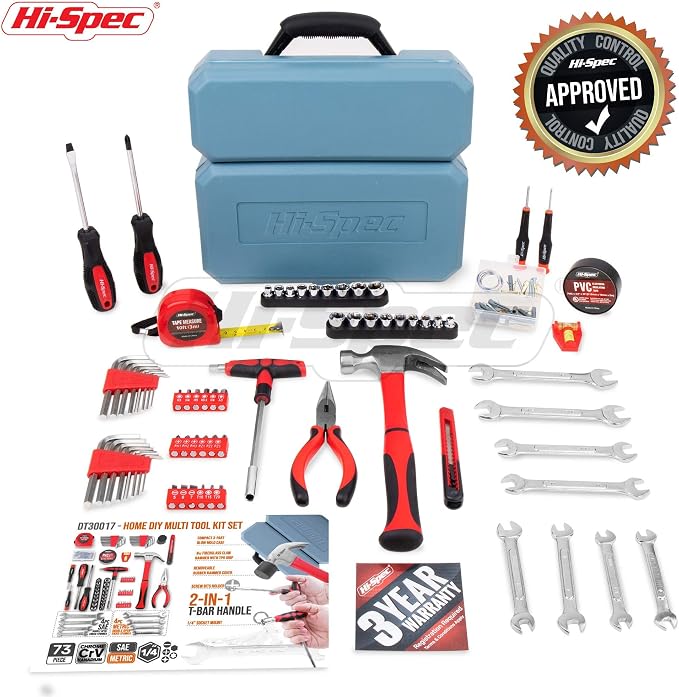 Hi-Spec Home and Garage Tool Kit Household and Auto Repair Tools Pliers | 73pc, socket and wrench coverage, roadside fixes, organized box, garage maintenance help, bike and vehicle tasks, quick setup