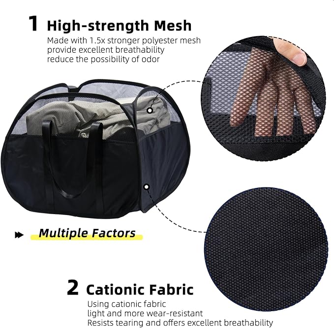 Collapsible Laundry Basket, 90L Tear Proof Mesh Pop-up Hamper 2PCS | Foldable Storage Clothes Bag with Reinforced Handles for Bathroom, Kids Room, Dorm, Travel, Camping, Space-saving, Black
