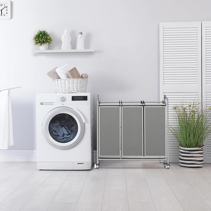 Simple Houseware Heavy Duty 3-Bag Laundry Sorter Rolling Cart, Silver | Removable Bags and Lockable Wheels for Laundry Room Organization