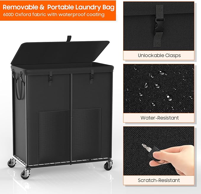 250L Laundry Hamper with Lid & Wheels, Rolling Laundry Basket with Bag | Sturdy Metal Frame | Laundry Bag with Handles| Large & Tall Clothes Hampers for Laundry Room, Bedroom, Dorm, Bathroom-Black