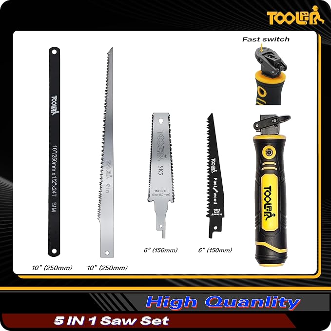 5-In-1 Multi-Blade Handsaw for Woodworking Tools (Japanese/Drywall/Hacksaw) | 6 Inch(11T/16T) Double Edges SK5 Flexible Blade for Woodworking, Hard/Soft woods cutting, Metal, Blade Quick Change Mechanism