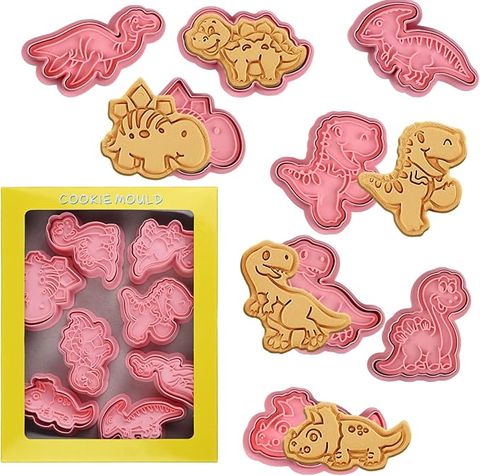 Dinosaur Cookie Cutters With Plunger Stampers Set,8 Piece 3D Dinosaur Embossing Cutters For Biscuit Fondant Cheese Baking