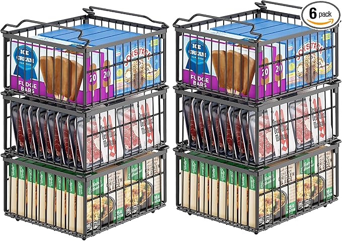 MSERCUOR Freezer Organizer Bins, 6 Pack Big Stackable Deep Chest Freezer Organizer Bins, Foldable Baskets with Handles, Black Storage Container Baskets for 5 to 9 Cu.FT Deep Freezer Sort Frozen Meats