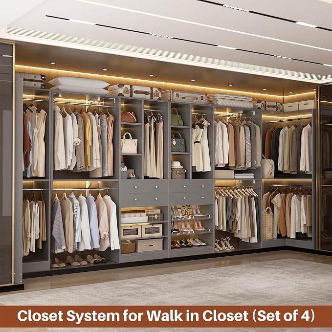 Besiost Closet System with 4 Drawers & Corner Tower, Closet Organizer System with 10 Hanging Robs, Reversible U Shaped Walk-in Closet System, Load 3600+LBS Capacity, Set of 4, Morandi Grey