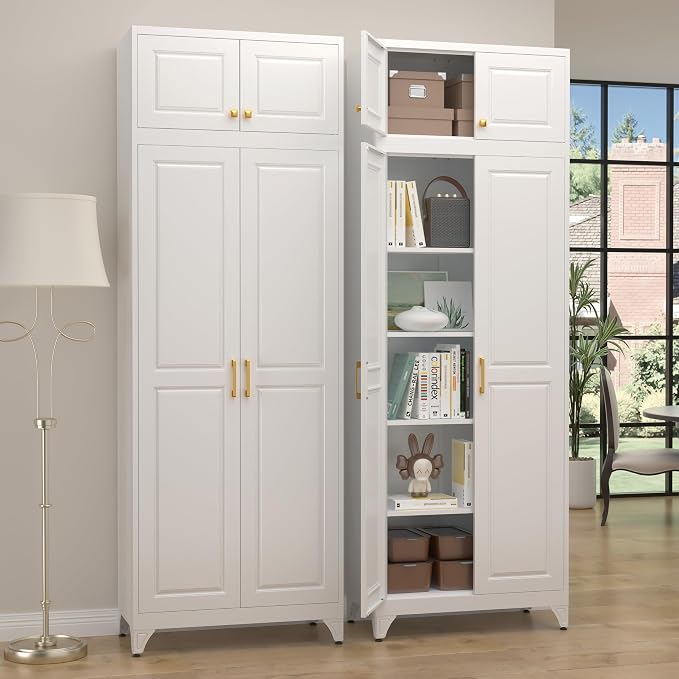 SteeLoong 90”Metal Pantry Storage Cabinet with Doors & 4 Adjustable Shelves | Kitchen Pantry Cabinet,White Kitchen Cabinet with 4 Gold Handles,Tall Cabinet for Livingroom,Pantry, Bathroom,Kitchen,Garage