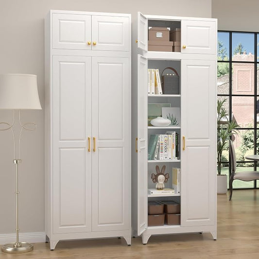 SteeLoong 90”Metal Pantry Storage Cabinet with Doors & 4 Adjustable Shelves | Kitchen Pantry Cabinet,White Kitchen Cabinet with 4 Gold Handles,Tall Cabinet for Livingroom,Pantry, Bathroom,Kitchen,Garage