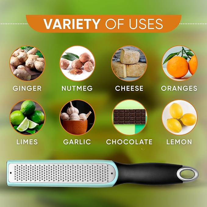 Spring Chef Premium Lemon Zester Grater with Handle - Fruit, Lime, Orange, Nutmeg, Garlic Grater - Heavy Duty Kitchen Tool - Stainless Steel Citrus Zester with Blade Cover - Fine Shred - Mint/Black