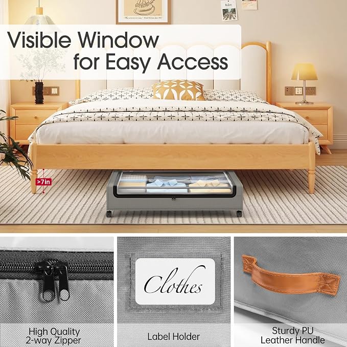 Yecaye Under Bed Storage with Wheels, 2 Pack Under Bed Storage Containers, Large Under Bed Rolling Storage with Clear Window & Label, Bedroom Storage Organizer for Clothes, Shoes, Books, Blankets