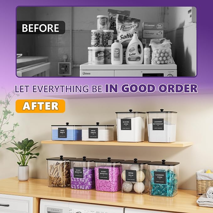 Moforoco 2 Pcs Laundry Pods Container, Clear Laundry Room Organization Containers,Large Detergent Powder Storage, Black Wooden Lids & Labels