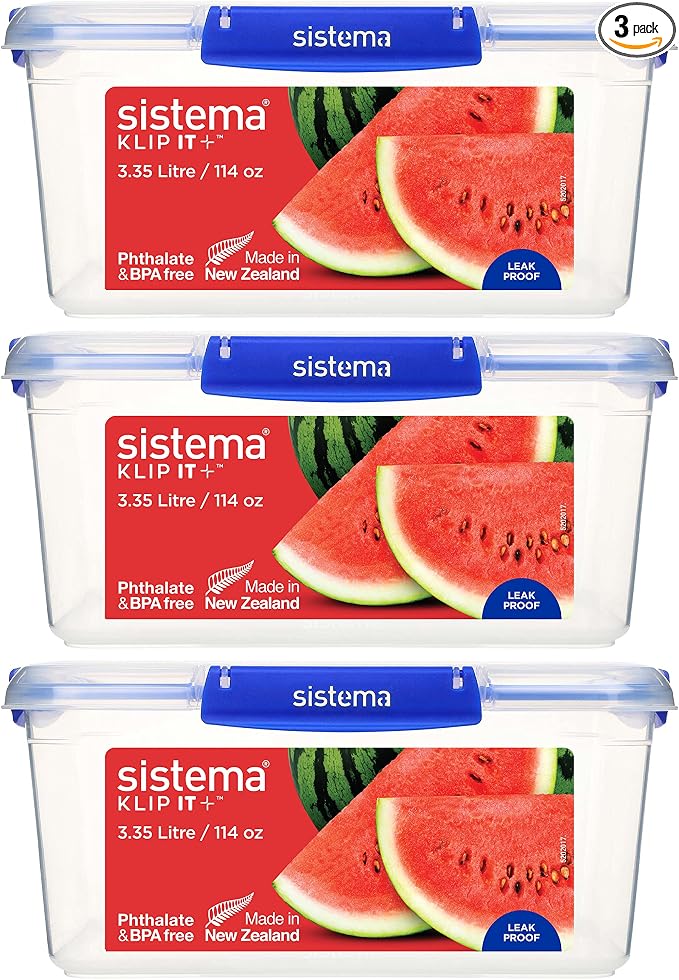 Sistema KLIP IT+ 3.35L Rectangle Food Storage Containers (3-Pack), Stackable & Airtight Food Boxes with Lids, Dishwasher, Freezer, & Microwave-Safe, BPA-Free, School Lunch Boxes