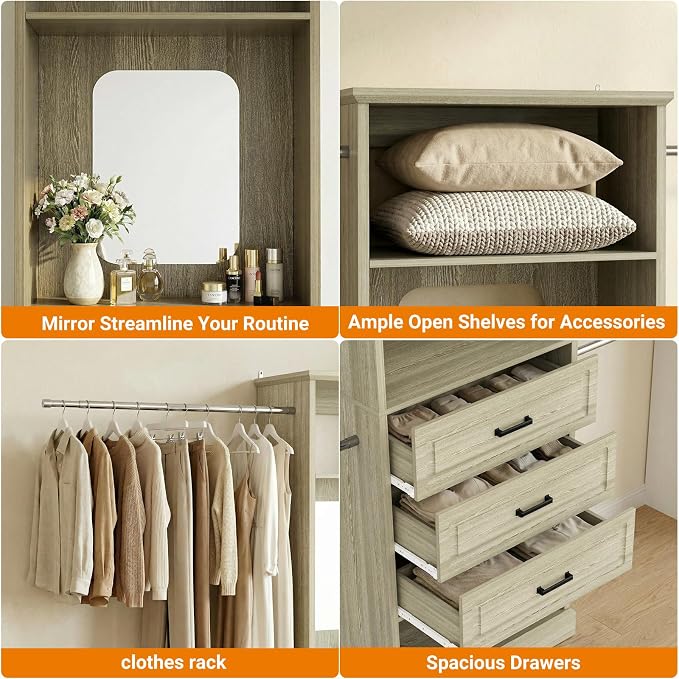 Unikito Closet System, 4FT - 9FT Closet Organizer with Mirror, Luxury Walk in Closet Insert with Drawers and 4 Hanging Rods, Sturdy Wood Wardrobe Closet Garment Rack with 25” Tower, White Oak