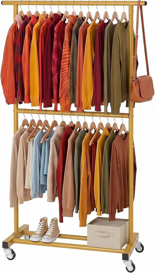 Sywhitta Double Rod Clothing Garment Rack, Rolling Clothes Organizer on Wheels for Hanging Clothes, Easy to Assemble, Adjustable, Gold